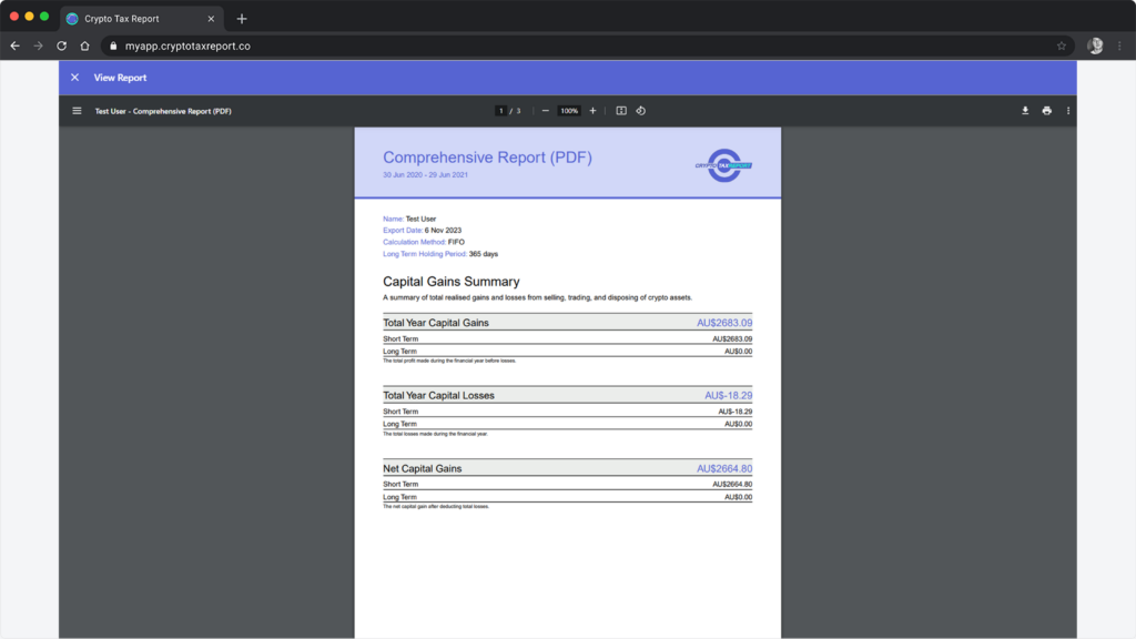 crypto capital gains summary report from crypto tax report