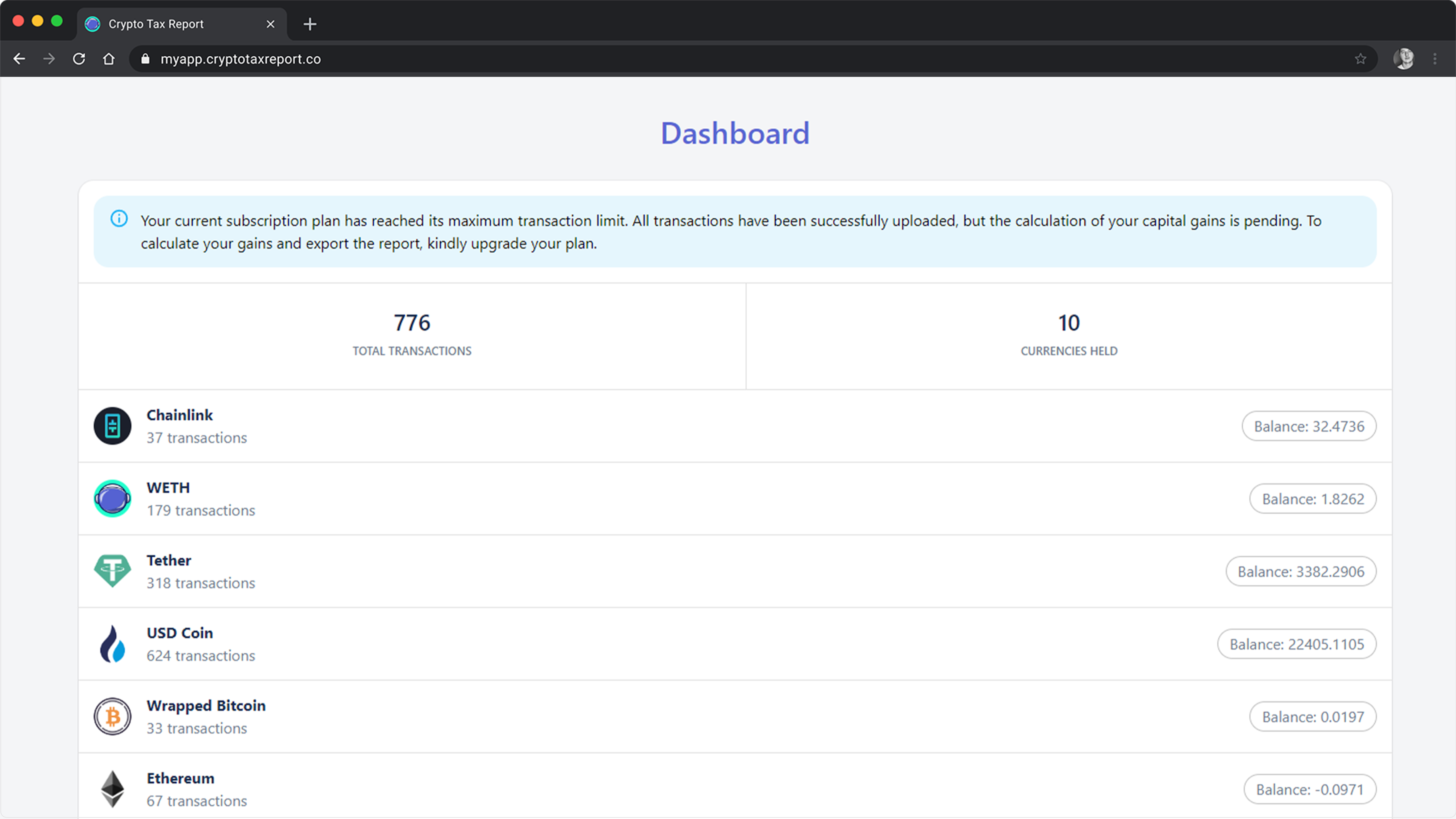 crypto tax report screenshot dashboard and data aggregation