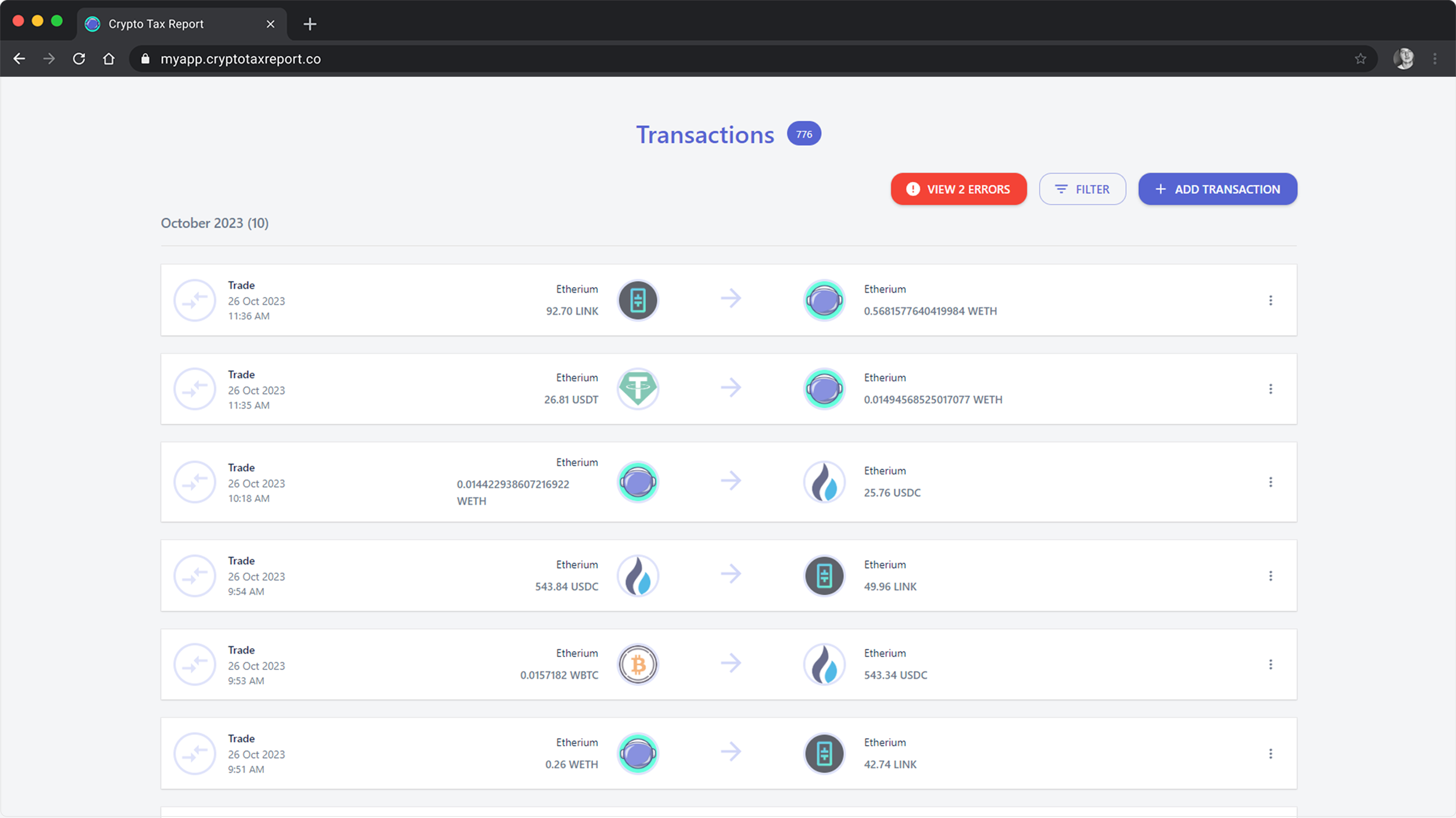 crypto tax report screenshot transaction review